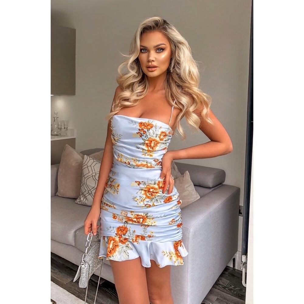 Nookie Garden Party Floral Print Ruched Ruffle Hem Mini Dress Blue Size XS